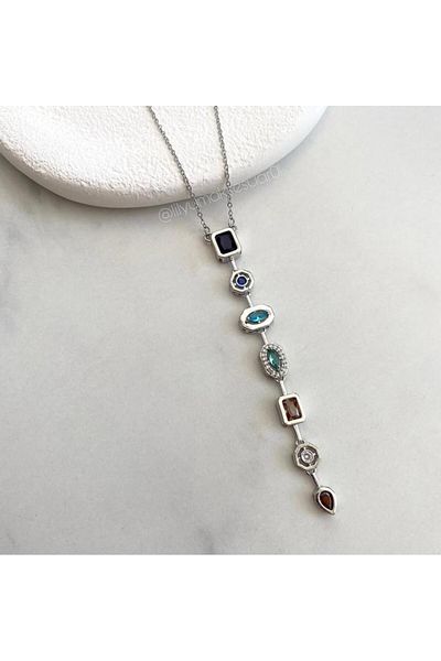 Lilyum Aksesuar Silver Gray Silver Color Brand Model Colored Stone 7 Element Necklace Steel Chain Necklace