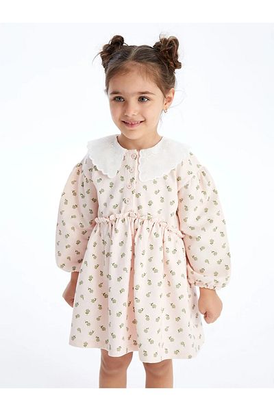 LC Waikiki Lcw Kids Ecru Baby Collar Short Sleeve Floral Patterned Baby Girl Dress / S4Bm35Z1