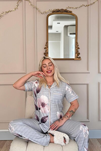 Pijamaevi Gris Magnolia Patterned Bamboo Front Button Short Sleeve Pajama Set