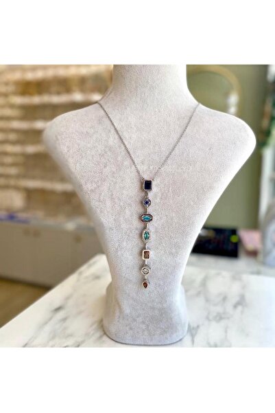 Lilyum Aksesuar قلادة من الفولاذ المقاوم للصدأ بلون فضي مزينة بأحجار ملونة من...