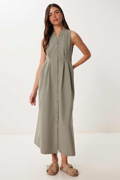 Lovelyİstanbul Sleeveless Midi Poplin Shirt Dress Light Green Lmx0093