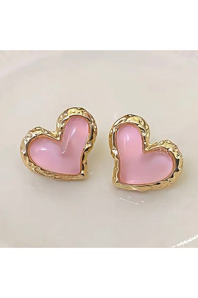 Accessories Vanilla Avenue Pink Resin Gold Yellow Detailed Heart Shaped Cute Daily Use Women's Earrings