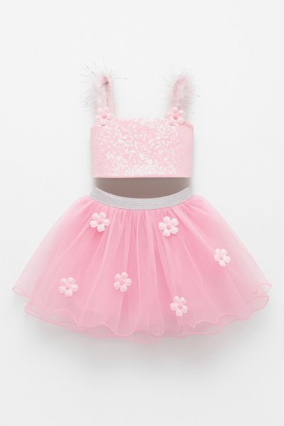 Magu Girl's Tulle Daisy Appliqued Strap Blouse and Skirt Two-Piece Set
