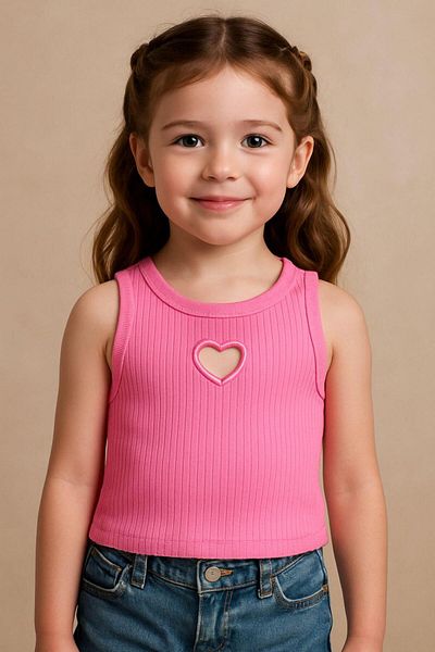 Magu Girl's Ribbed Cotton Pink Heart Embroidered Crop T-Shirt – Summer Comfortable Fit