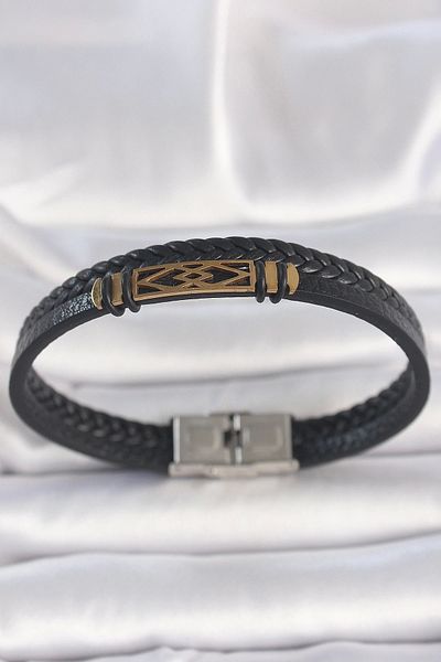 Clariss 316L Steel Gold Color Accessory Double Row Black Twist Pattern Leather Cord Men's Bracelet
