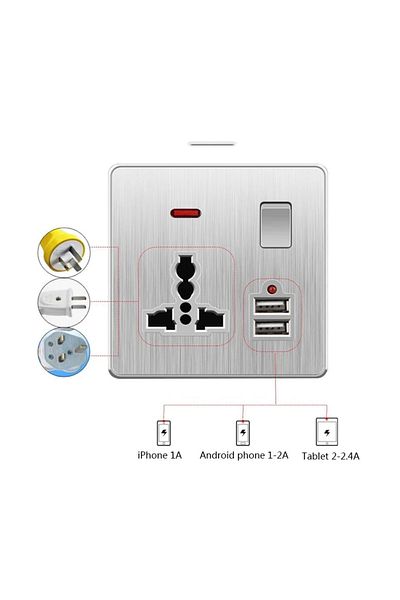 WJ 13A Brushed Silver 110-250V Wall Light Panel Socket Universal USB Wall Dual Power Outlet 1gang13AUSB