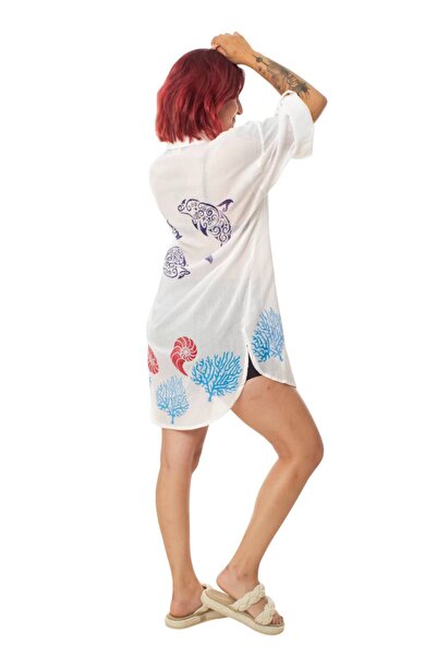 İZMİR ASKERİ MALZEME قميص شاطئ بأكمام طويلة من الكتان المطبوع باللون الأبيض ب...