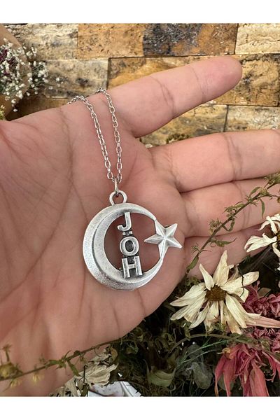 Herşey Nota Jöh Written Moon Star Figured Necklace – Silver Color Unisex Metal Jewelry