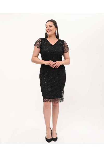 Şirin Butik Rochie de seară cu paiete din dantelă neagră cu mânecă scurtă și decolteu în V pentru femei
