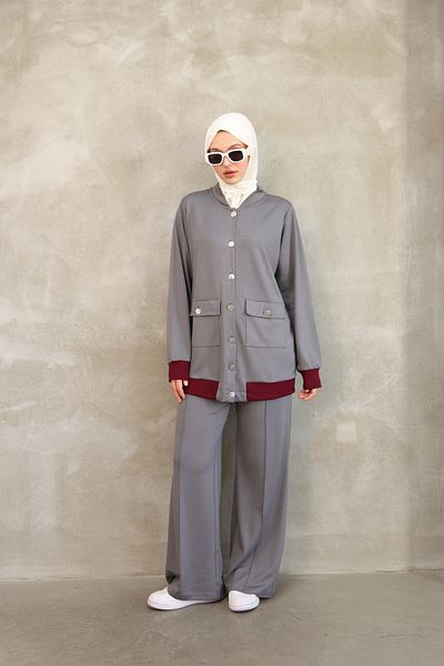 vesantia Women's Gray Comfortable Fit Tracksuit Set – Buttoned Jacket & Wide Leg Pants