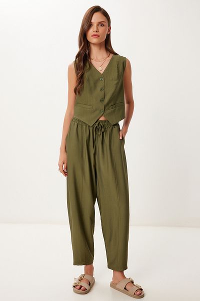 Lovelyİstanbul Crinkle Vest Baggy Trousers Set Khaki Lrv0109