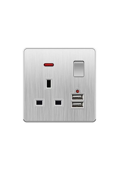 S.G. 13A Brushed Silver 110-250V Wall Light Panel Socket Universal USB Wall Dual Power Outlet 1gang 5pin