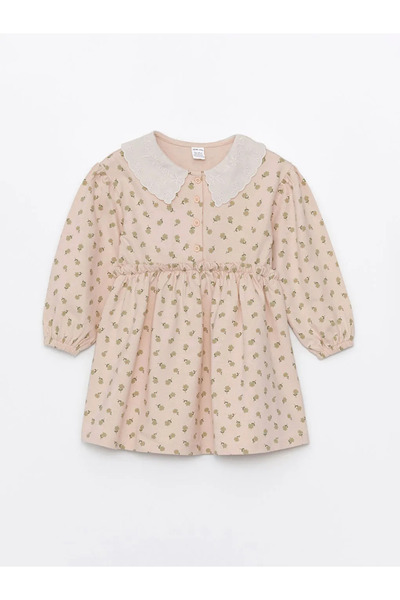 LC Waikiki Lcw Kids Ecru Baby Collar Short Sleeve Floral Patterned Baby Girl Dress / S4Bm35Z1