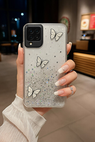 Rivor Samsung Galaxy A22 & M22 & M32 Kılıf Kamera Çıkıntılı Simli Kelebek Kab...