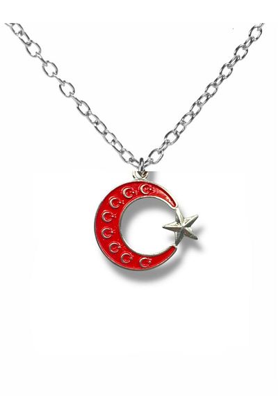 Herşey Nota Red Moon Star Figured Necklace – Silver Color Unisex Metal Jewelry