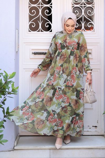 N.S NEVA STYLE Φόρεμα Hijab Χακί με λουλούδια 22056HK