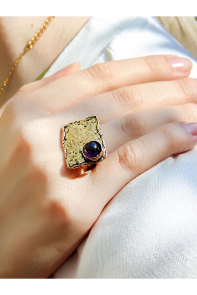 esha خاتم نسائي عتيق قابل للتعديل من الحجر الطبيعي الجمشت موديل مستطيل euy67amt