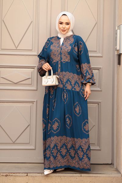 N.S NEVA STYLE Φόρεμα με σχέδιο Petrol Blue Hijab 24014PM