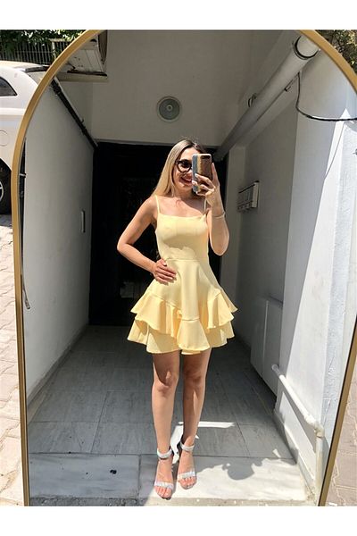 Gözde Tasarım Butik Women's Butter Yellow Rope Strap Volanted Flare Short Summer Yellow Evening Dress
