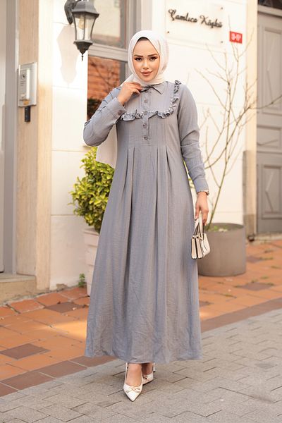 N.S NEVA STYLE Button Detailed Gray Hijab Dress 7224Gr