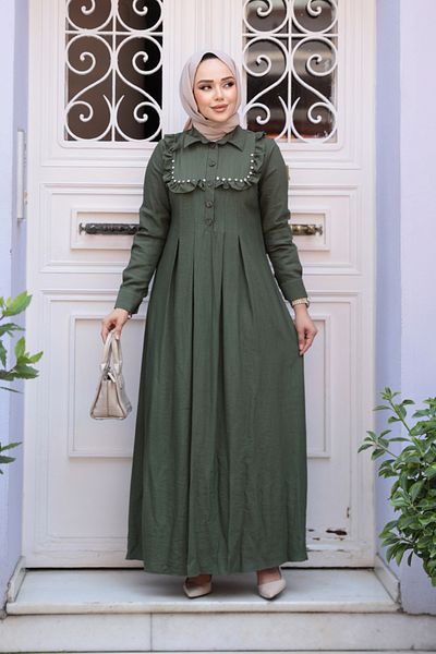 N.S NEVA STYLE Λεπτομερές Χακί Φόρεμα Hijab με Κουμπί 7224HK