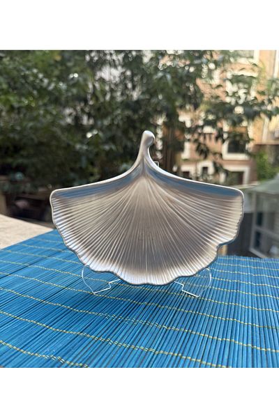 Lydia Accessory Metallic Silver Color Fan Leaf Decorative Tray – Modern Tabletop Ornament and Presentation Jewelry Plate