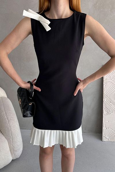 bacc Black Bow Detail Pleated Mini Dress Bcdf-252206