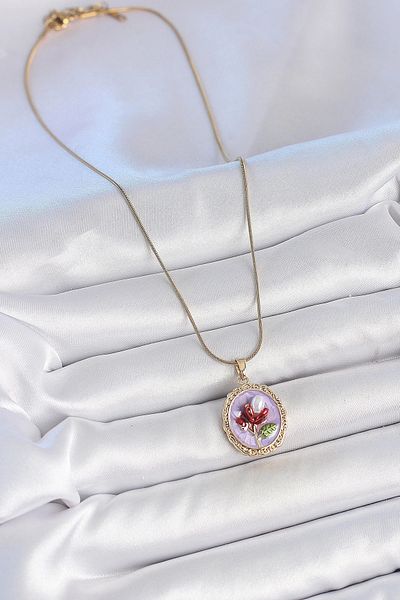 Clariss 316L Steel Gold Color Chain Purple Enamel Pearl Flower Embroidered Portrait Model Women's Necklace