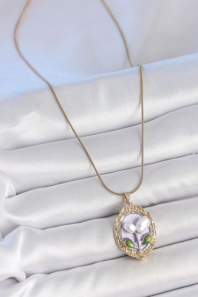 Clariss 316L Steel Gold Color Purple Pearl Flower Embroidered Portrait Model Women's Necklace