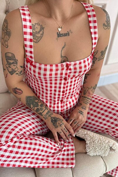 Pijamaevi Rouge Gingham Patterned Bamboo Front Button Thick Strap Pajama Set