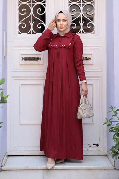 N.S NEVA STYLE Κουμπί Λεπτομερές Μπορντό Φόρεμα Hijab 7224BR