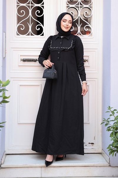 N.S NEVA STYLE Button Detailed Black Hijab Dress 7224S