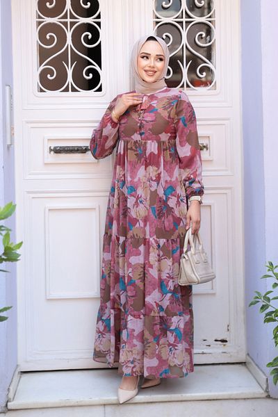 N.S NEVA STYLE Φόρεμα με μοτίβο λουλουδιών Dusty Rose Hijab 22056GK