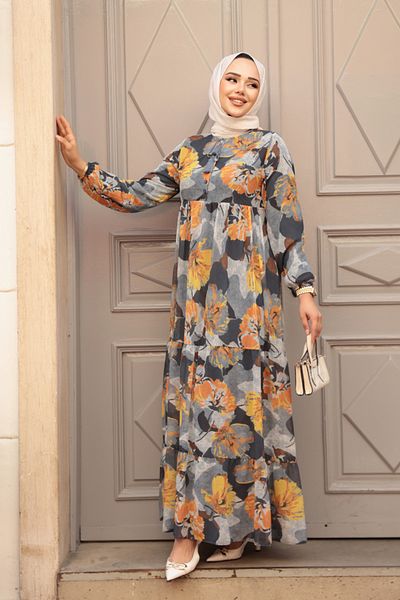 N.S NEVA STYLE Φόρεμα Hijab καπνιστό με λουλούδια 22056FU