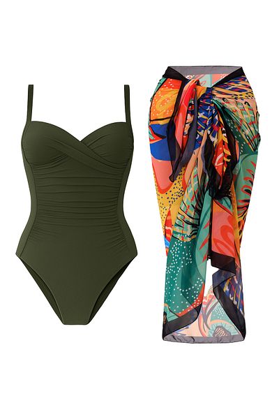 CUPSEA Women's Gathering Draped Swimsuit Khaki Green Bodrum Pareo Set of 2 Stylish and Slimming Effect