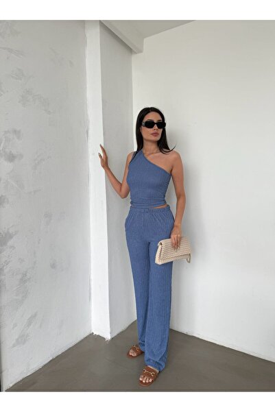 QADİSH Women's One Shoulder Seesaw Fabric Double Set