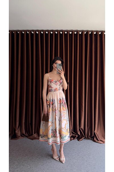 HAZELANNA فستان من الكتان ذو طباعة رقمية باللون الأصفر