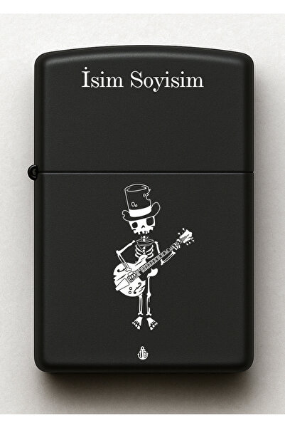 Melek Pazarı Gitar İskelet Desenli Kişiye Özel İsimli Siyah Benzinli Metal Ça...