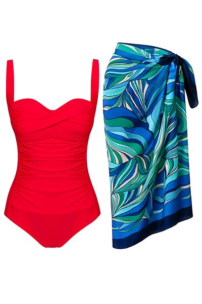 CUPSEA Women's Gathering Draped Red Sea Blue Underwear Pareo Set of 2 Stylish and Slimming Effect