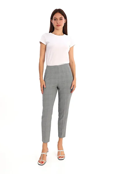 BERA LINE PLUS Women's Gray Black Plaid Fabric Trousers Slim Fit Office and Daily Combination