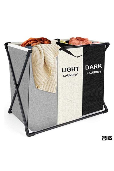 SIKS Dirty Laundry Basket, 3 Compartments, Foldable, Textile Material, Dimensions 62 X 34 X 56 Cm