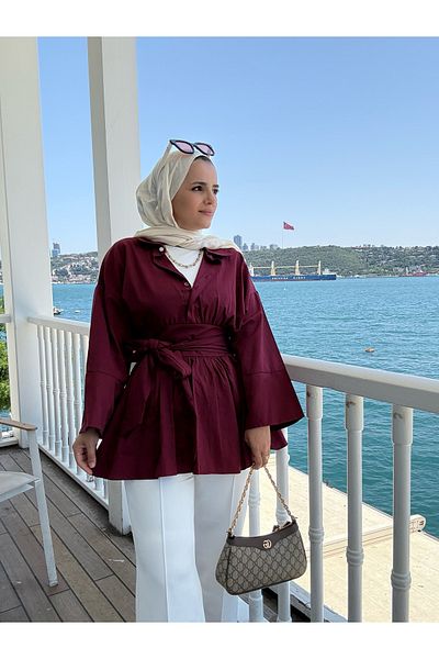Aselim Hijap Moda Poplin Kimono Shirt – Blue with Belt at the Waist and Buttons