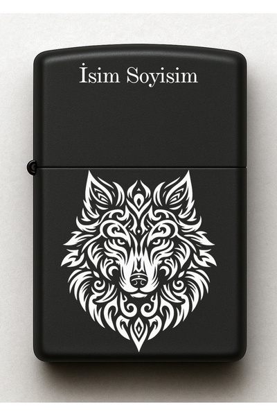 Melek Pazarı Tribal Kurt Desenli Kişiye Özel İsimli Siyah Benzinli Metal Çakmak