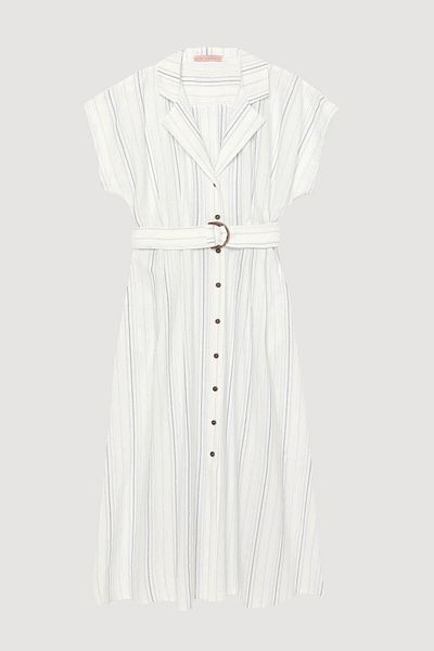 Quzu Pinstripe Ecru Women's Dress with Belt at Waist Elb00461