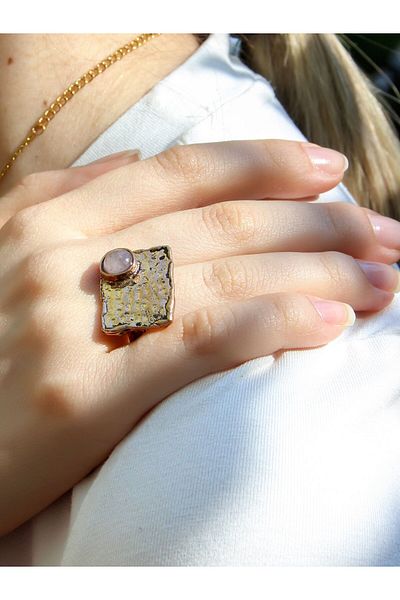 esha Natural Stone Pink Quartz Natural Stone Rectangular Model Adjustable Antique Women's Ring Euy67Pk