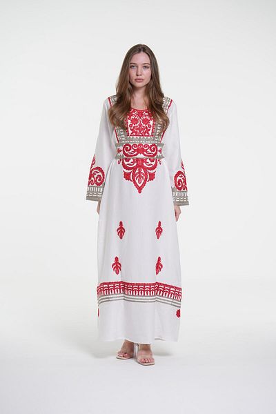 al bent al sharqieh Ladies Printed Jalabiya - Full-Sleeve linen Dress with belt and Prints