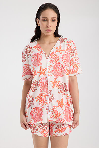 Rasabeauty Calm Gömlek Şort Düğmeli Pijama Takımı Renkli Desenli Pijama Takımı