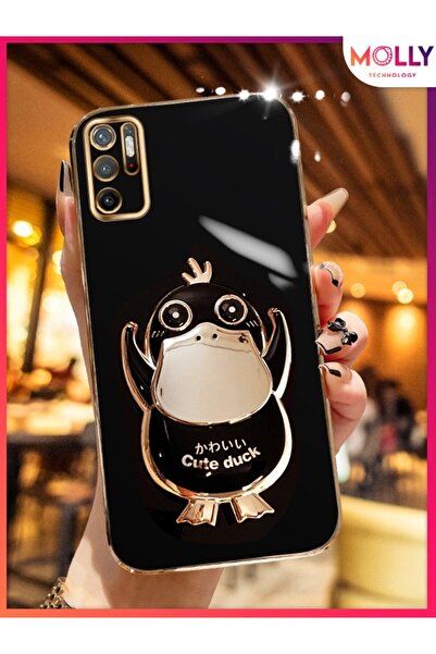 Molly Xiaomi Redmi NOTE 10 5G İçin Siyah Sevimli Ördek Standlı Kenarları Gold...