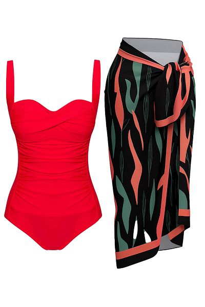 CUPSEA Women's Gathering Draped Red Orange Patterned Underwear Pareo Set of 2 Stylish and Slimming Effect
