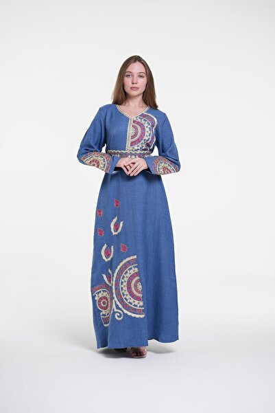 al bent al sharqieh Ladies Printed Jalabiya - Full-Sleeve linen Dress with be...